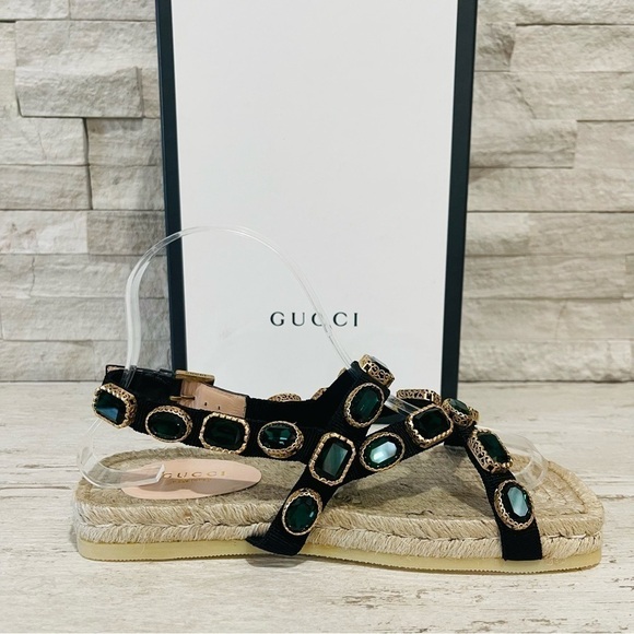 Gucci NEW SZ 36.5 Grosgrain Green Jewel Embellished Espadrille Flat Sandals - Picture 9 of 16